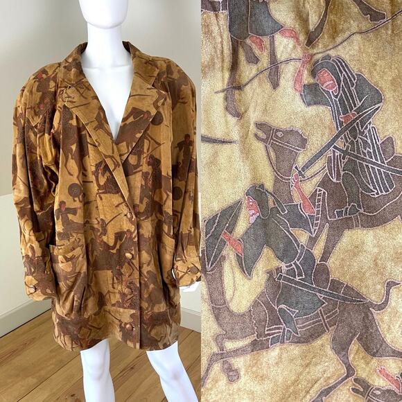 Vintage 80s Novelty Camels Men Fighting War Suede Leather Coat Elegance Boutique - Picture 1 of 15
